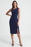 Marineblauwe asymmetrische halsschede midi werkjurk met split
