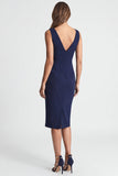 Marineblauwe asymmetrische halsschede midi werkjurk met split