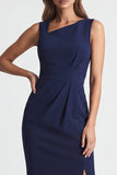 Marineblauwe asymmetrische halsschede midi werkjurk met split
