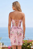 Roze Sweetheart doorschijnend korset, bodycon pailletten, bloemen homecomingjurk