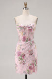 Roze Sweetheart doorschijnend korset, bodycon pailletten, bloemen homecomingjurk