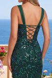 Glinsterende donkergroene bodycon pailletten korte homecomingjurk met split