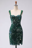 Glinsterende donkergroene bodycon pailletten korte homecomingjurk met split