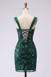Glinsterende donkergroene bodycon pailletten korte homecomingjurk met split