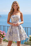 Stoffige blauwe A-lijn korset strapless bloemen korte homecoming jurk