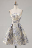 Stoffige blauwe A-lijn korset strapless bloemen korte homecoming jurk