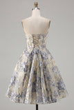Stoffige blauwe A-lijn korset strapless bloemen korte homecoming jurk