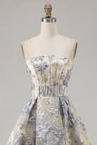 Stoffige blauwe A-lijn korset strapless bloemen korte homecoming jurk