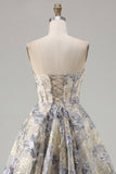 Stoffige blauwe A-lijn korset strapless bloemen korte homecoming jurk