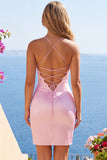 Roze, doorschijnend korset met gerimpelde, kralenversierde bodycon homecomingjurk met split