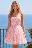 Strapless korset A-lijn roze bloemen homecomingjurk