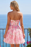 Strapless korset A-lijn roze bloemen homecomingjurk