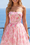 Strapless korset A-lijn roze bloemen homecomingjurk
