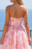 Strapless korset A-lijn roze bloemen homecomingjurk