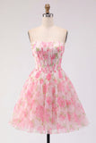 Strapless korset A-lijn roze bloemen homecomingjurk