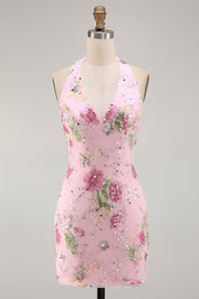 Roze halter nek bodycon pailletten bloemrijke homecomingjurk