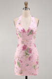 Roze halter nek bodycon pailletten bloemrijke homecomingjurk