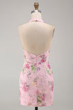 Roze halter nek bodycon pailletten bloemrijke homecomingjurk