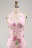Roze halter nek bodycon pailletten bloemrijke homecomingjurk