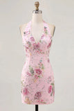 Roze halter nek bodycon pailletten bloemrijke homecomingjurk