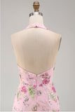Roze halter nek bodycon pailletten bloemrijke homecomingjurk