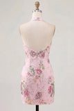 Roze halter nek bodycon pailletten bloemrijke homecomingjurk
