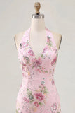 Roze halter nek bodycon pailletten bloemrijke homecomingjurk