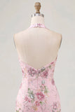 Roze halter nek bodycon pailletten bloemrijke homecomingjurk