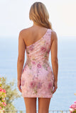 Roze eenschouder bodycon pailletten bloemen homecoming jurk