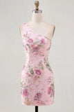 Roze eenschouder bodycon pailletten bloemen homecoming jurk