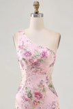 Roze eenschouder bodycon pailletten bloemen homecoming jurk