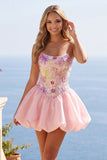 Roze A-lijn strapless bloemenpailletten homecoming jurk