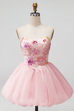 Roze A-lijn strapless bloemenpailletten homecoming jurk