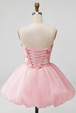 Roze A-lijn strapless bloemenpailletten homecoming jurk