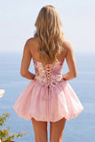 Roze A-lijn strapless bloemenpailletten homecoming jurk