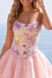 Roze A-lijn strapless bloemenpailletten homecoming jurk