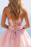 Roze A-lijn strapless bloemenpailletten homecoming jurk