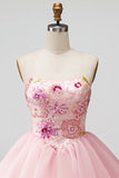 Roze A-lijn strapless bloemenpailletten homecoming jurk