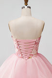 Roze A-lijn strapless bloemenpailletten homecoming jurk