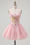 Roze A-lijn strapless bloemenpailletten homecoming jurk