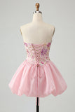 Roze A-lijn strapless bloemenpailletten homecoming jurk