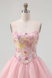 Roze A-lijn strapless bloemenpailletten homecoming jurk