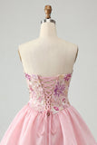 Roze A-lijn strapless bloemenpailletten homecoming jurk