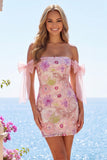 Off-the-shoulder roze bodycon bloemenpailletten homecoming jurk met strik