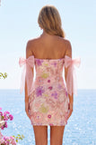 Off-the-shoulder roze bodycon bloemenpailletten homecoming jurk met strik