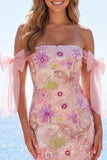 Off-the-shoulder roze bodycon bloemenpailletten homecoming jurk met strik