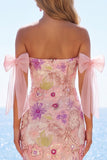 Off-the-shoulder roze bodycon bloemenpailletten homecoming jurk met strik