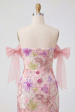 Off-the-shoulder roze bodycon bloemenpailletten homecoming jurk met strik