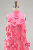 Heet roze A-lijn homecomingjurk met hoge hals en 3D-bloemen