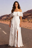 Off-the-shoulder ivoor A-lijn rucherige boho trouwjurk